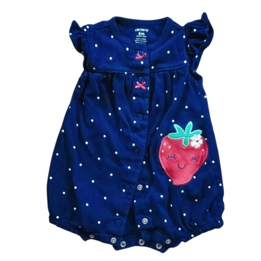 Carters Girls Summer Strawberry Navy Polka Dot Romper One Piece‎ Size 6M